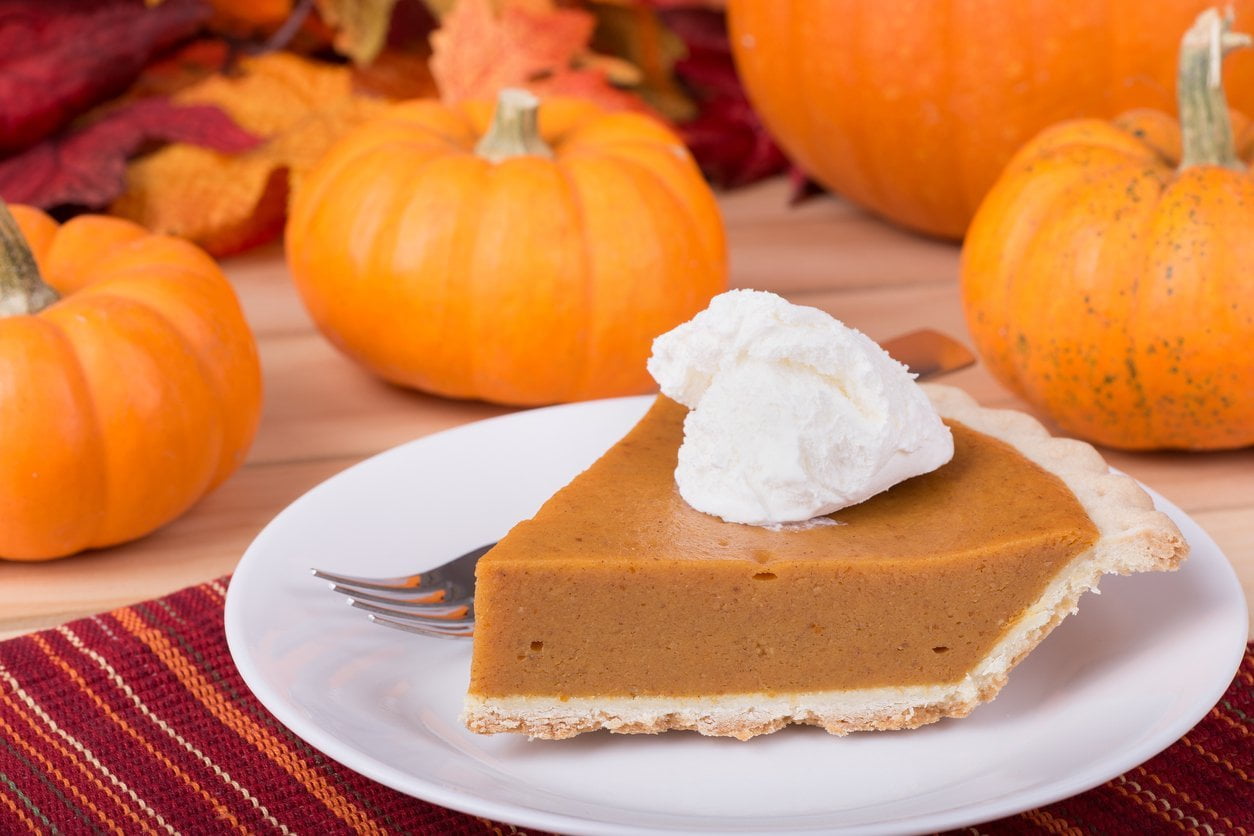 pumpkin pie slice with pumpkins in the background