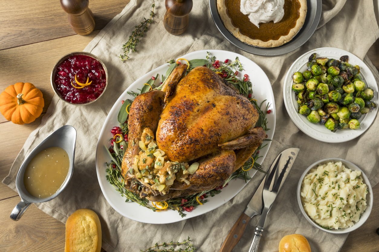 Whole Roasted Turkey Dinner For Thanksgiving with All the Sides