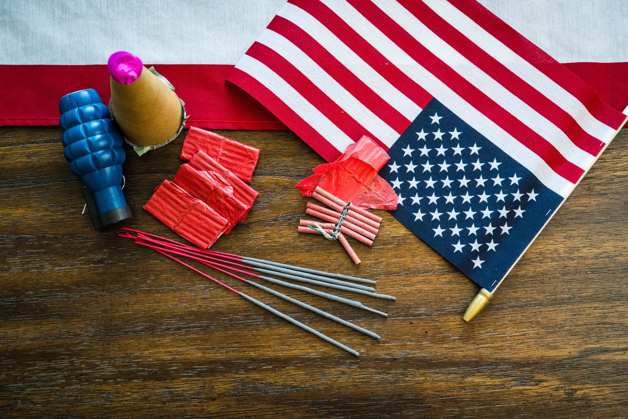 fireworks lay down shot with american flag